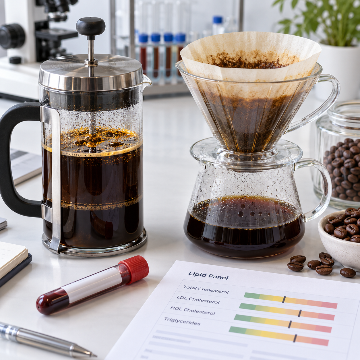 Tasse Kaffee neben Cholesterinwerten und Herzsymbol als Gesundheitsdarstellung