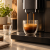 Doppelter Espresso aus dem Vollautomaten in einer Espressotasse mit dichter Crema auf einer modernen Küchenarbeitsplatte.