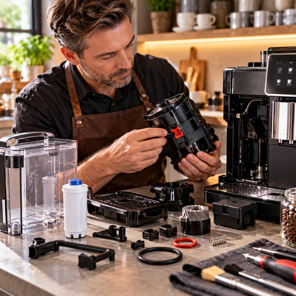 Ersatzteile für Kaffeevollautomaten mit Brüheinheit, Wassertank, Dichtungen und weiteren Kaffeemaschinen-Teilen