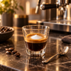 Frisch zubereiteter Espresso Macchiato mit feinem Milchschaum in einer Espressotasse