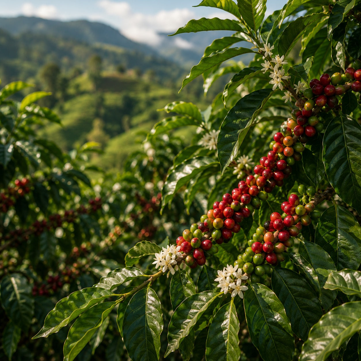 Grüne Kaffeepflanze mit reifen Kaffeekirschen auf einer Plantage und glänzenden Blättern im Sonnenlicht.