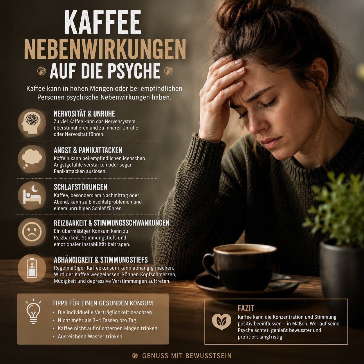 Tasse Kaffee mit Gehirn-Symbol – Wirkung von Koffein auf Psyche, Konzentration und mentale Gesundheit.