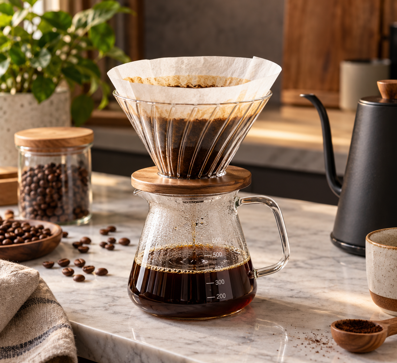 Kaffeefilterhalter aus Keramik, Kunststoff und Metall mit Papierfilter für frisch gebrühten Filterkaffee
