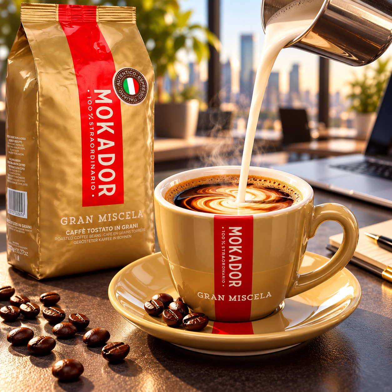 Mokador Gran Miscela 80/20 mit feiner Crema, ausgewogenem Aroma und italienischer Röstung  in einer Tasse