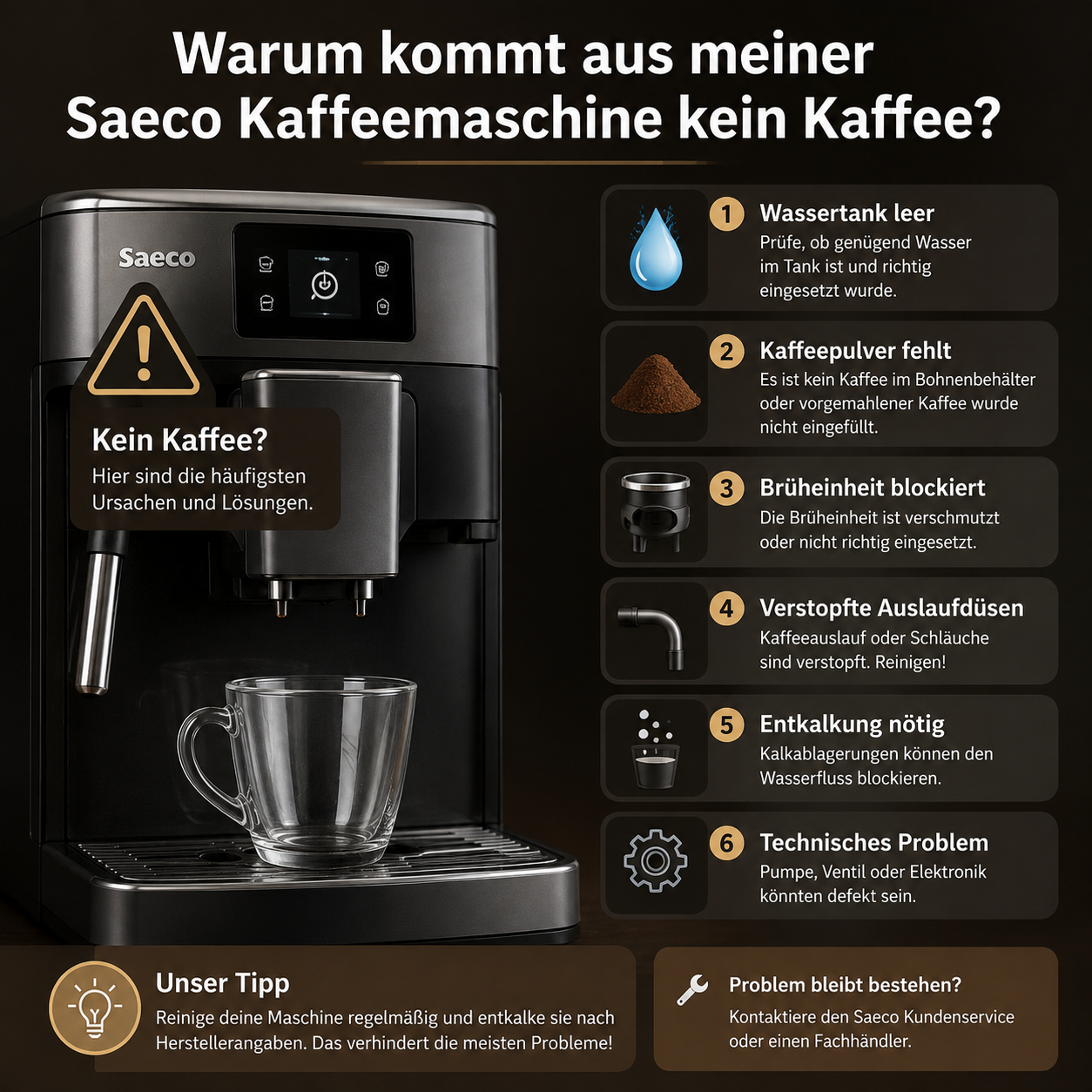 Saeco Kaffeemaschine ohne Kaffeeauslauf – Ursachen, Fehlersuche und Lösungen bei einer blockierten Maschine