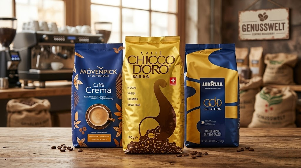 Lavazza Gold Selection, Mövenpick Caffè Crema und Chicco d'Oro im Schweizer Kaffeebohnen-Vergleich.