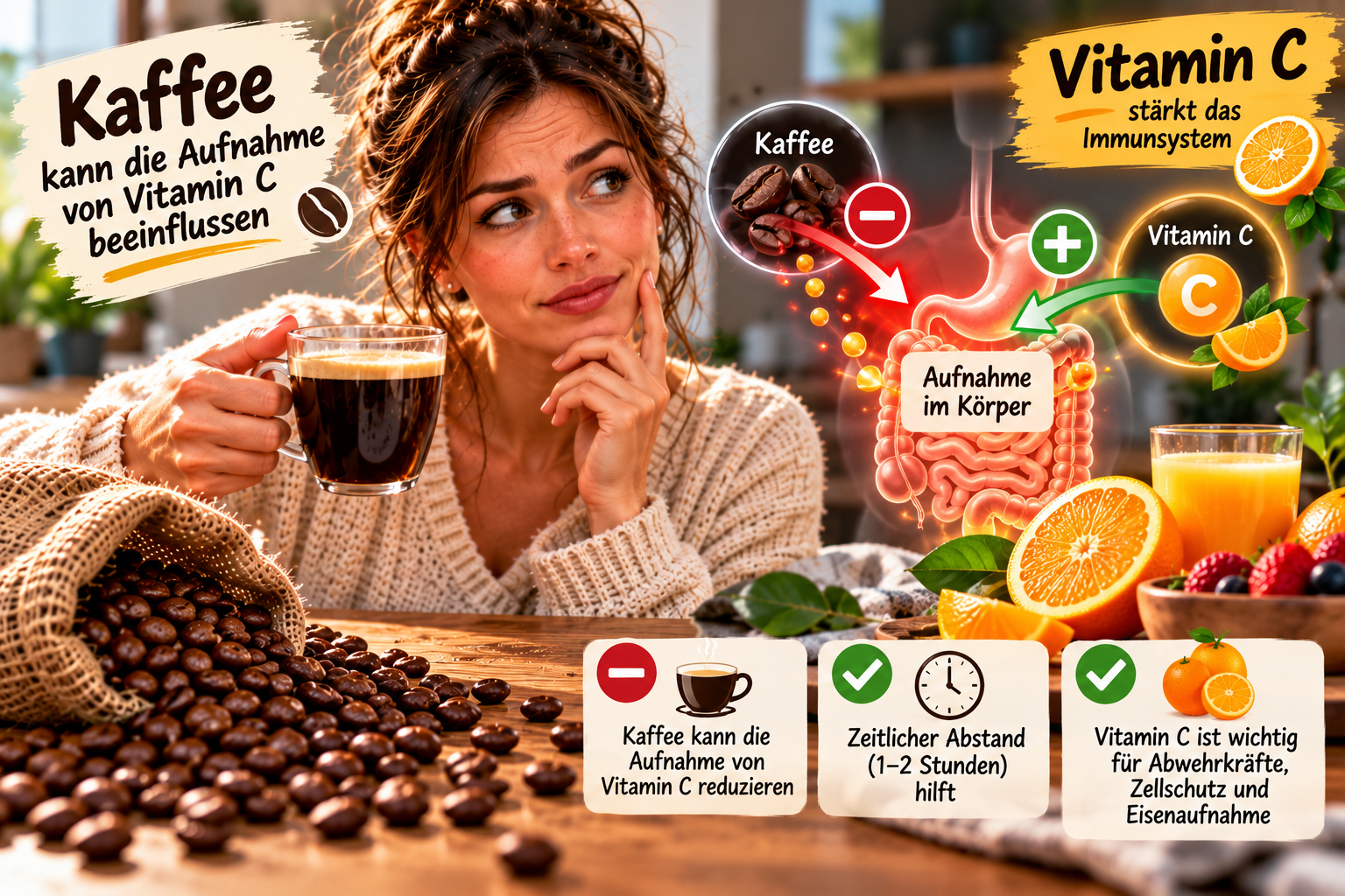 Frisch aufgeschnittene Orange und Vitamin-Brausetablette neben dunklem Espresso im dramatischen Hell-Dunkel-Kontrast