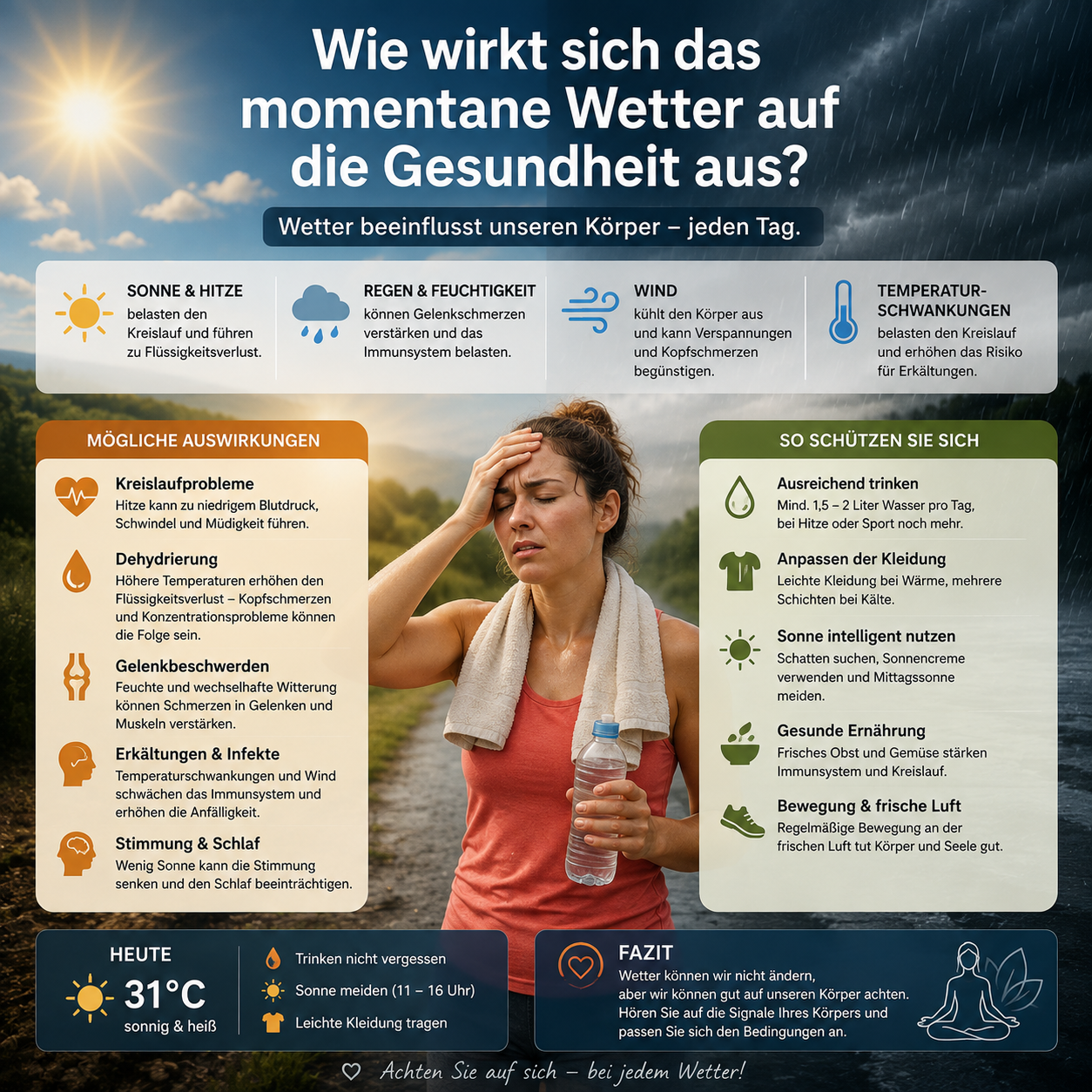 Sonniges Sommerwetter mit Thermometer – Auswirkungen von Hitze und Wetterwechsel auf die Gesundheit