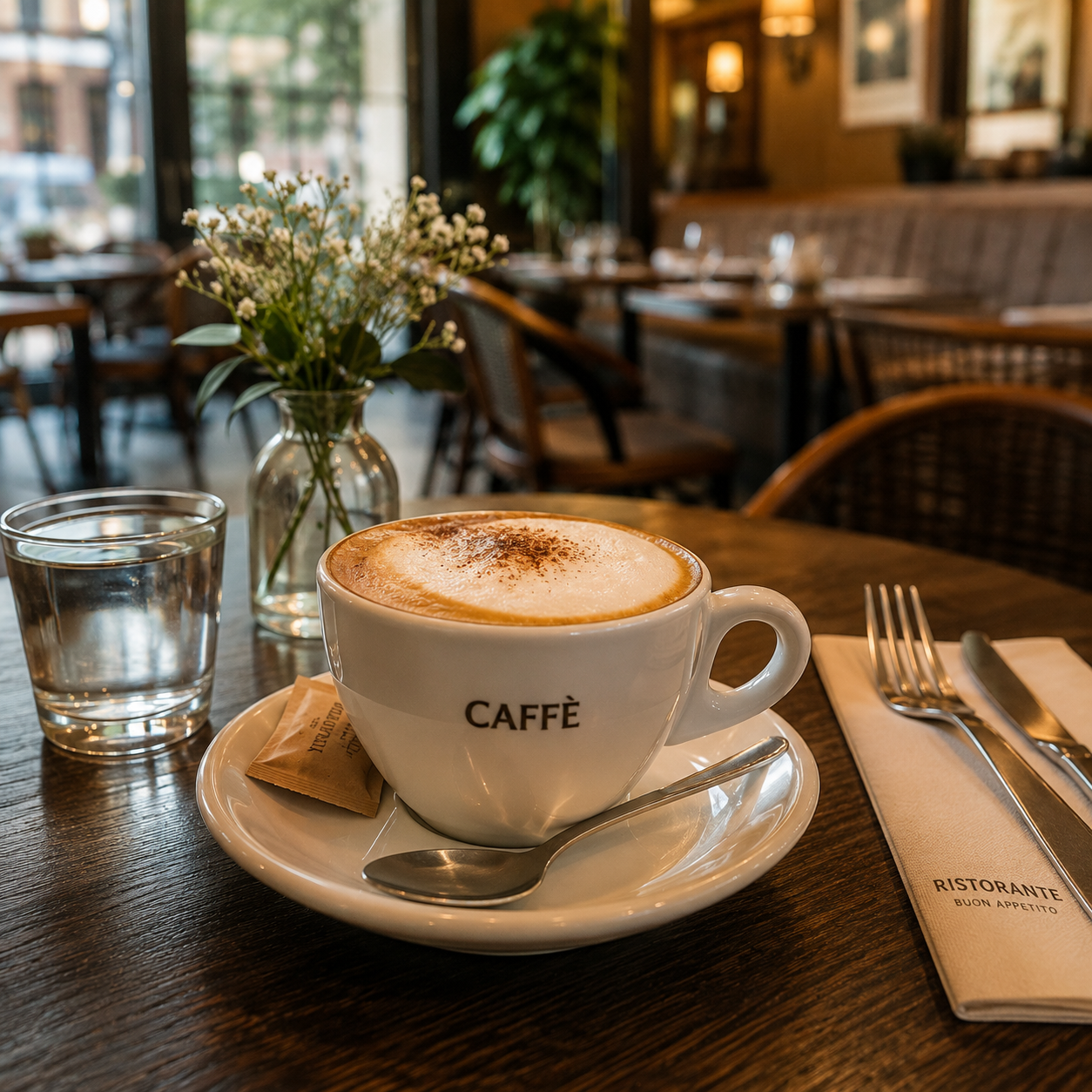 Barista bereitet einen perfekten Cappuccino mit feinporigem Milchschaum und Latte Art an der Siebträgermaschine zu