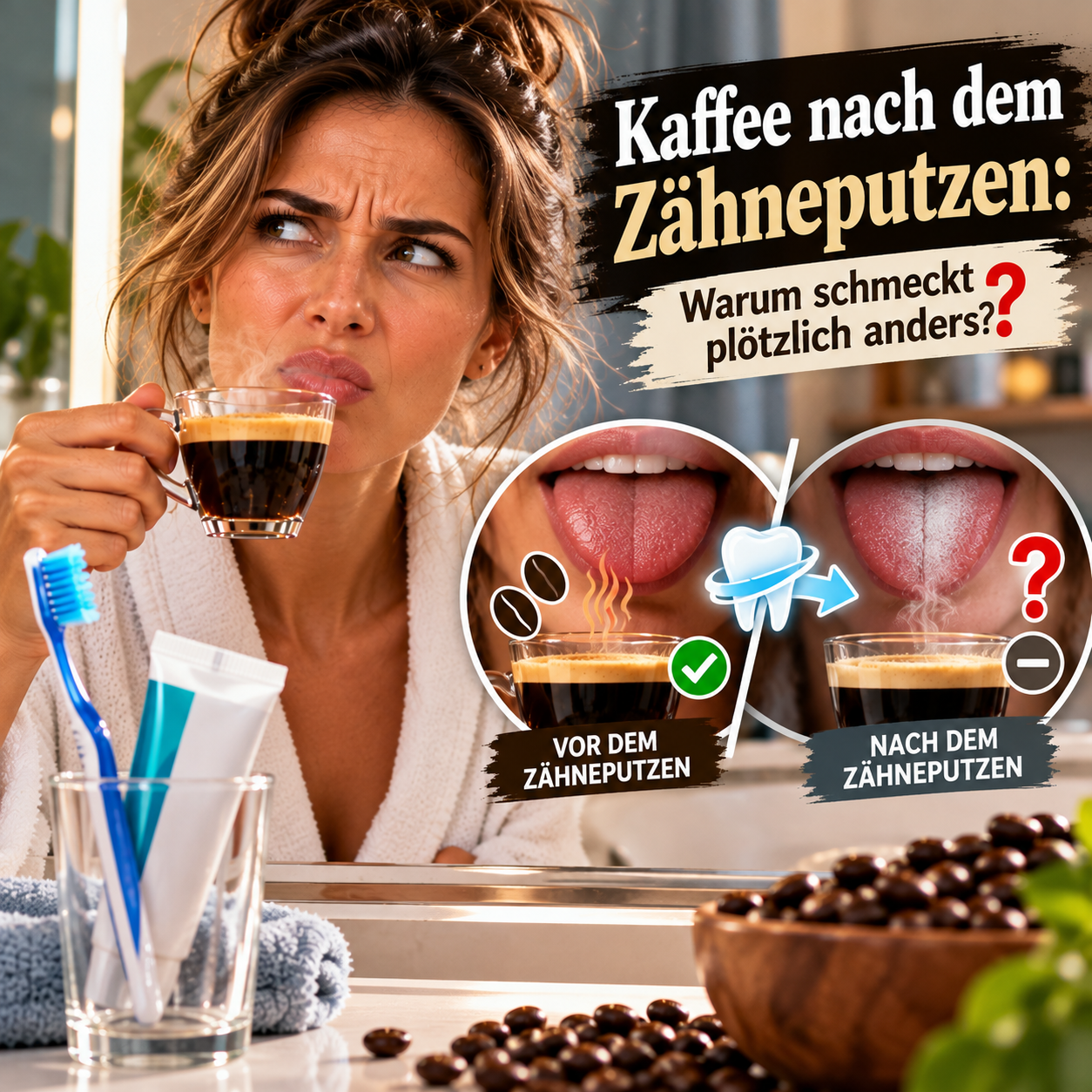 Zahnbürste mit weisser Paste liegt neben dampfender Espressotasse und dunklen Bohnen im harten Hell-Dunkel-Kontrast
