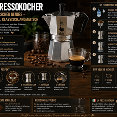 Klassischer Espressokocher aus Edelstahl auf dem Herd für aromatischen italienischen Espresso
