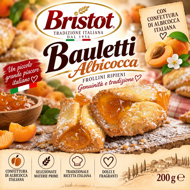 Italienische Bristot Bauletti Kekse mit fruchtiger Aprikosenfüllung, 200g Packung.