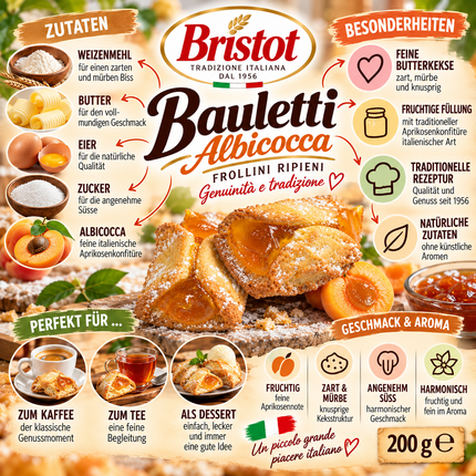 Feines Bristot Bauletti Albicocca Gebäck mit süßer Aprikosenkonfitüre, 200 g zum Espresso.
