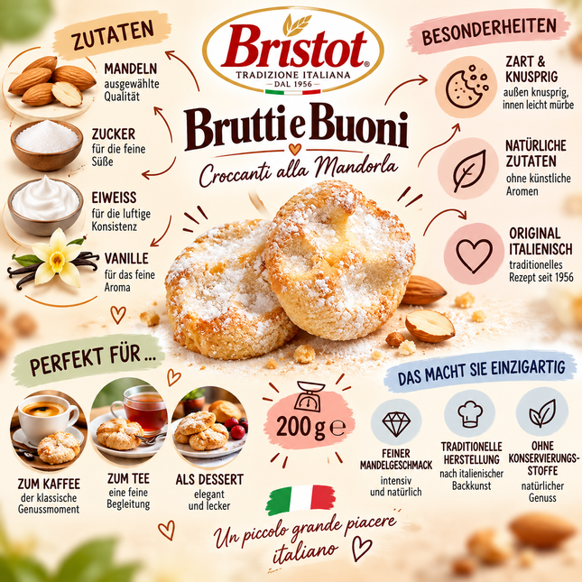 Knuspriges Bristot Brutti e Buoni Gebäck 200g mit Haselnüssen als Beilage zu Cappuccino und Kaffee