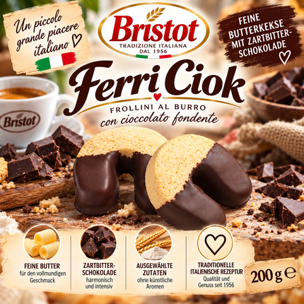 Knuspriges Bristot Ferri Ciok Mürbegebäck mit zartbitterem Schokoüberzug, 200 g.