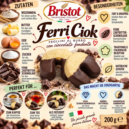 Italienische Bristot Ferri Ciok Hufeisenkekse mit feiner Schokolade, 200g Packung.