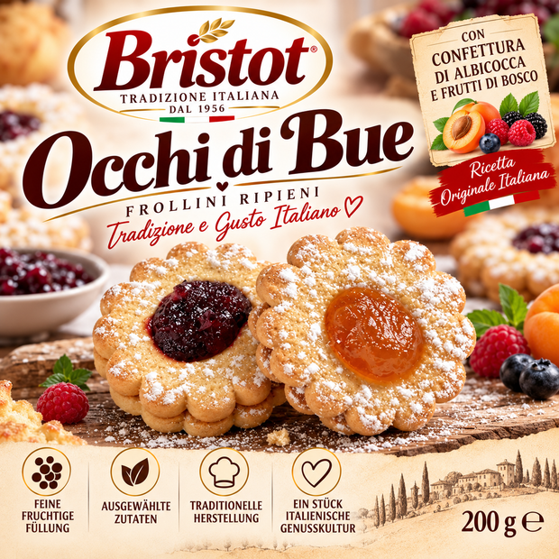 Italienische Bristot Occhi di Bue Mürbeteigkekse mit fruchtiger Füllung, 200g Packung.