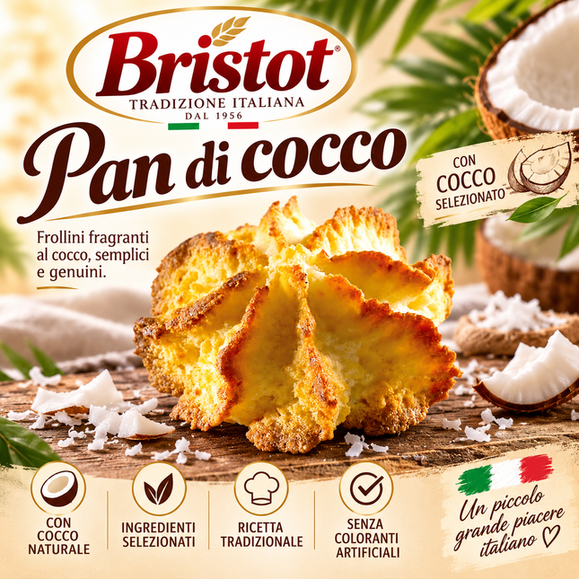 Knuspriges Bristot Pan di Cocco Gebäck mit feiner Kokosnote, perfekt zum Kaffee.