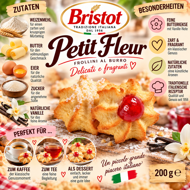 Feine Bristot Petite Fleur Mürbeteigblüten mit zarter Cremefüllung, 200g Packung.