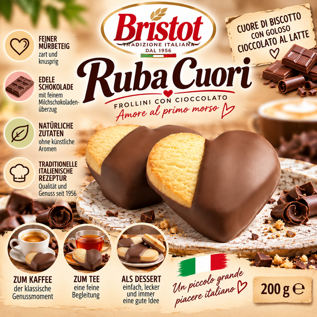Feine Bristot Ruba Cuori Kekse mit zarter Kakaocremefüllung und Puderzucker, 200 g.