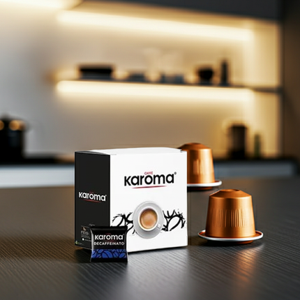 Säurearmer koffeinfreier Espresso: Caffe Karoma E.S.E. Pads für magenschonenden Kaffeegenuss.