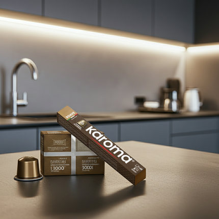 Nahaufnahme Caffè Karoma Soave – Aluminiumkapsel mit Aroma-Barriere zum Schutz der ätherischen Kaffeeöle bei Kaffeegeniesser.ch.
