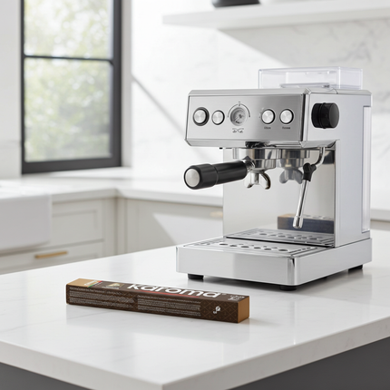 Detailaufnahme der Caffè Karoma Soave Aluminiumkapsel mit präziser Passform für Nespresso-Kapselmaschinen.