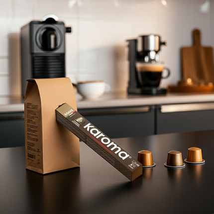 Drei einzelne Caffè Karoma Soave Kapseln vor der ikonischen blau-goldenen Kartonverpackung.