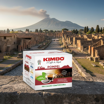 Vorratspackung Caffè Kimbo Pompei mit 150 ESE Kaffeepads in der markanten roten Kartonbox.