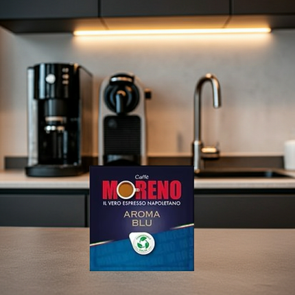 Caffè Moreno Aroma Blu: Harmonischer Espresso mit goldener Crema in 150 praktischen E.S.E. Pads.