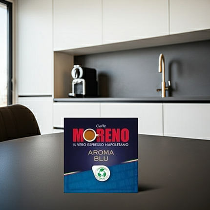 Cremiger Genuss aus Neapel: 150 Caffè Moreno Aroma Blu Pads für einen sanften, runden Espresso.