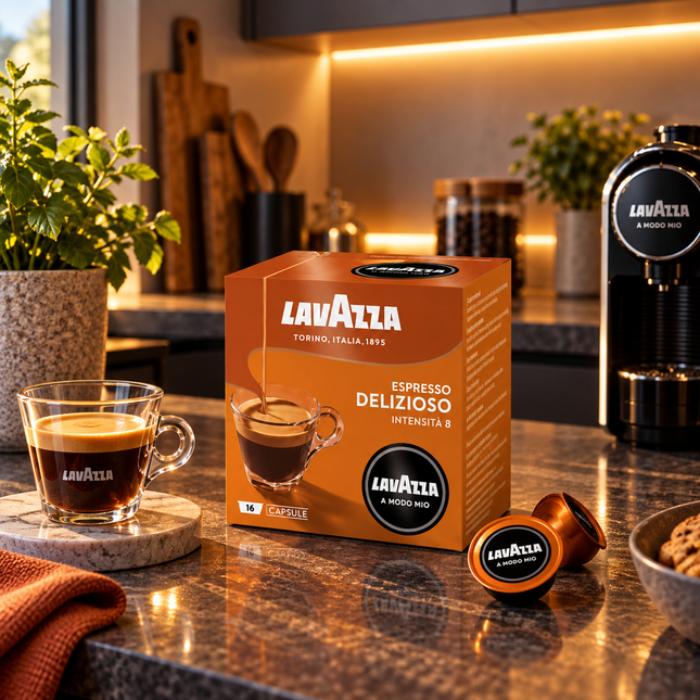 Lavazza A Modo Mio Delizioso Kapseln mit aromatischem Espresso und feiner Crema in einer klassischen Espressotasse