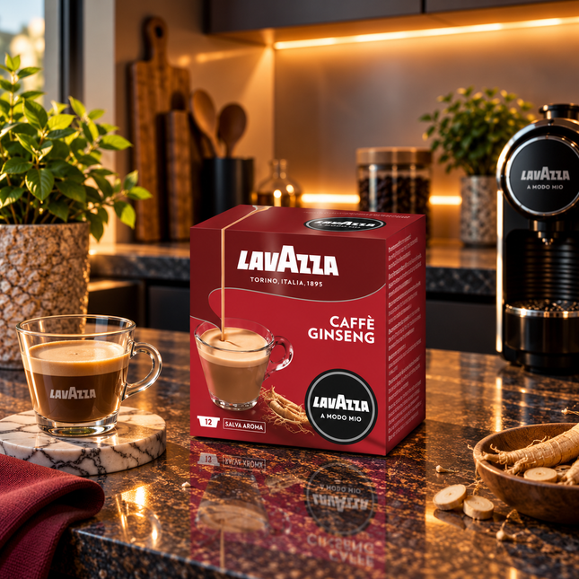 Lavazza A Modo Mio Ginseng Kapseln mit cremigem Ginseng-Getränk in einer Tasse und feinem Milchschaum