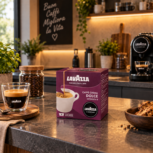 Lavazza A Modo Mio Intenso mit kräftigem Espresso, dunkler Crema und intensivem Röstaroma für echten Kaffeegenuss