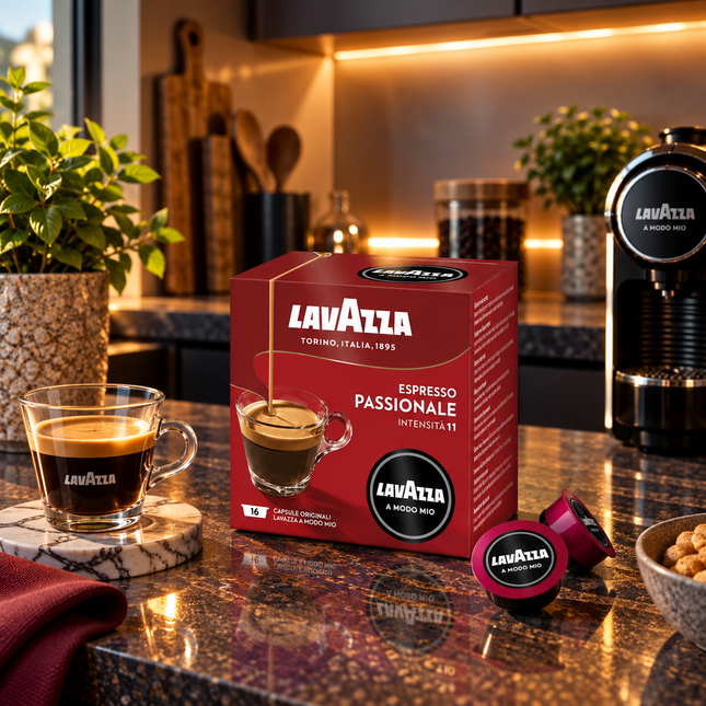 Lavazza A Modo Mio Passionale 100 % Arabica mit intensiver Aromatik, feiner Crema und langem Nachgeschmack