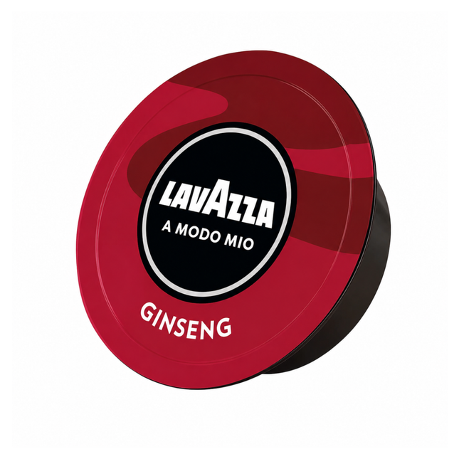 Lavazza A Modo Mio Ginseng Kapseln mit cremigem Ginseng-Getränk in einer Tasse und feinem Milchschaum