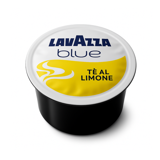 Lavazza BLUE Tè al Limone Kapseln mit dampfendem Zitronentee in einer Glastasse und frischer Zitronenscheibe