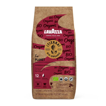 1-kg-Beutel Lavazza Tierra Bio Intenso mit kräftigem Bio-Espresso und dichter Crema in einer Espressotasse