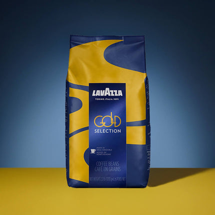 Rückseite der Lavazza Gold Selection 1kg Packung mit Röstgrad-Anzeige und Aroma-Infos