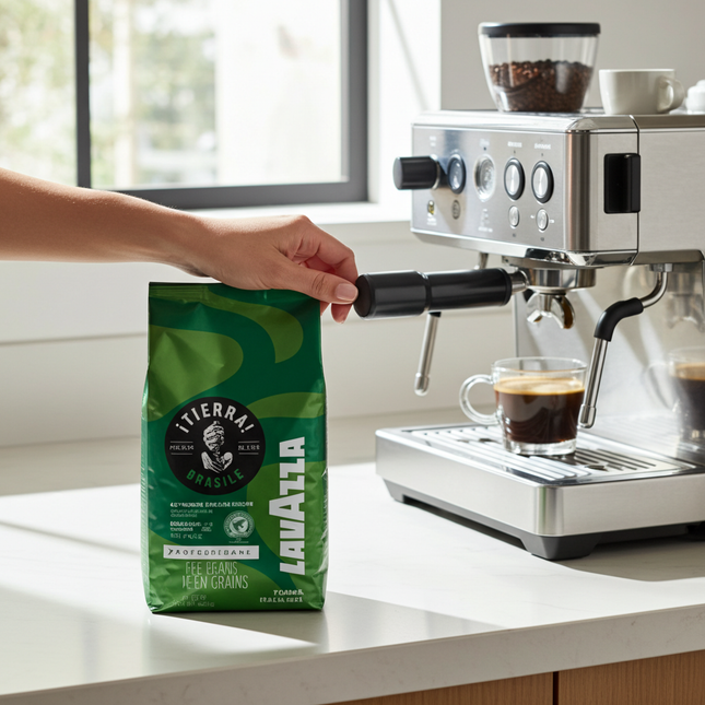 Premium Espressobohnen 1kg: Lavazza Tierra Brasile für ein goldbraunes Crema-Ergebnis im Vollautomaten.