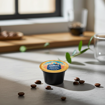 Nahaufnahme Canal Grande Kapseln – Fokus auf die goldbraune Crema und die harmonische Extraktion.
