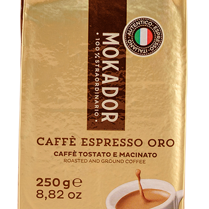 Mokador Oro 90/10 gemahlen: Kompakte 250g Packung mit Aromaschutz für langanhaltenden Kaffeegenuss.