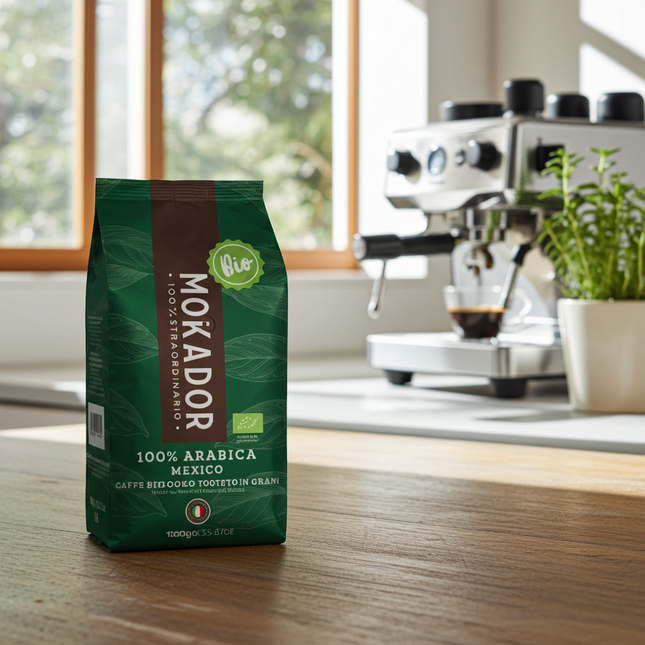 Mokador 100% Arabica Mexico Bio 1kg: Ganze Bohnen aus biologischem Anbau für nachhaltigen Espresso-Genuss.