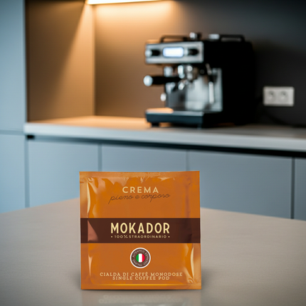 Mokador Crema 200er-Packung: Umweltfreundliche 44mm Pads für alle gängigen E.S.E. Pad-Maschinen.