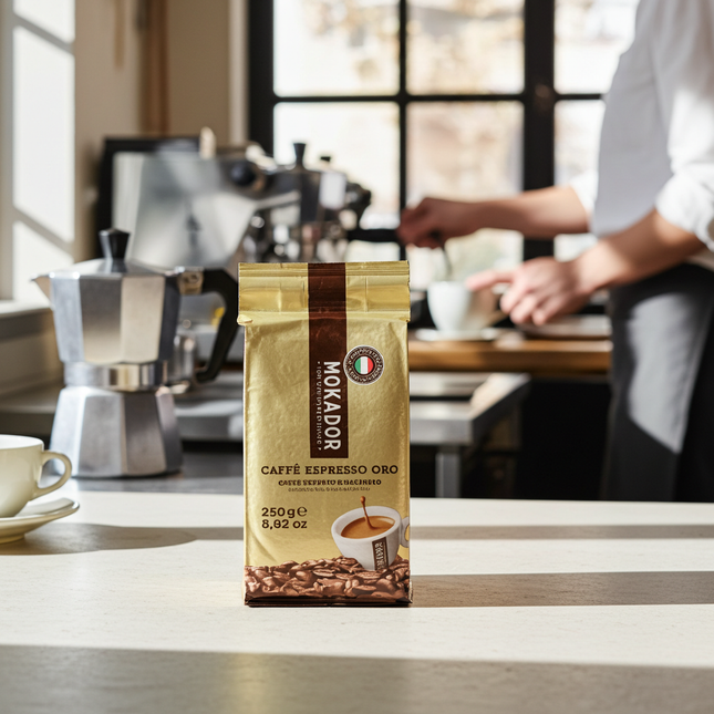 Espresso gemahlen 250g: Mokador Oro 90-10 Mischung für intensiven Geschmack und eine goldene Crema.