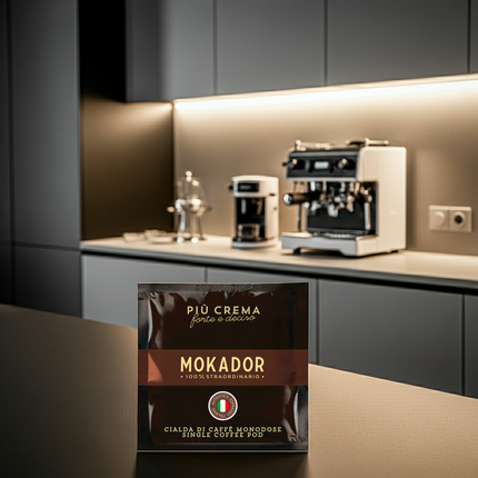Mokador Più Crema 40/60: 200 einzeln versiegelte Pads für maximale Frische und einen kräftigen Koffein-Kick.