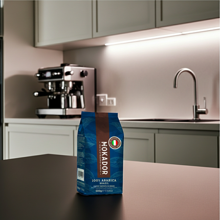 Mokador Brazil 100% Arabica 500g: Ganze Bohnen mit typisch brasilianischem, nussigem Aroma für puren Espresso.