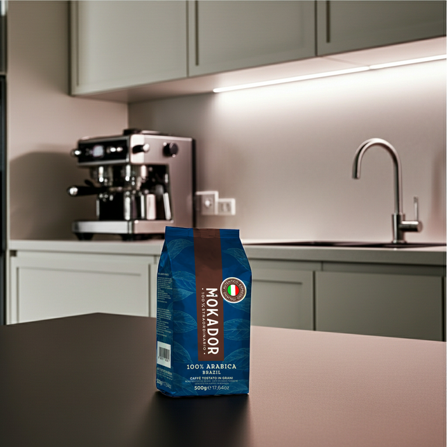 Mokador Brazil 100% Arabica 500g: Ganze Bohnen mit typisch brasilianischem, nussigem Aroma für puren Espresso.