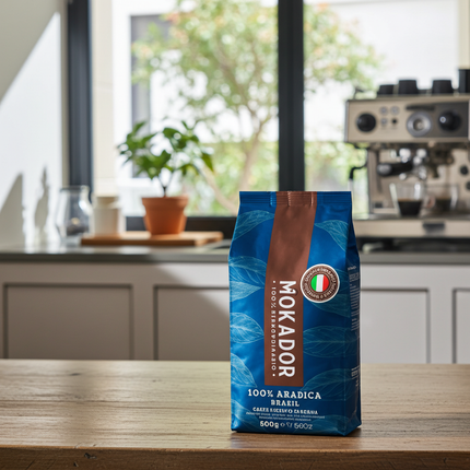 Mokador Brazil 500g Packung: Kompakter Vorrat an Premium-Espressobohnen für Siebträger und Mahlwerke.