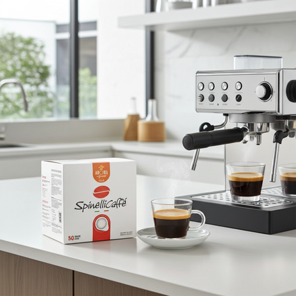 Tasse Espresso zubereitet mit Spinelli Aroma e Gusto GOLD Pads – Zeigt die stabile, goldbraune Crema-Struktur